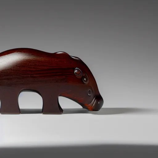 Image similar to a zoomed out studio product shot of a rounded carving of a simplified and smooth hippopotamus made from cherry wood and blue resin, in profile, a catalog photograph