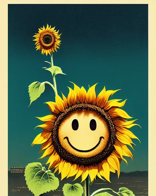 Prompt: sunflower with a smiley face in the central, cinematic, dramatic, powerful, super detailed and intricate, by koson ohara, by darwyn cooke, by greg rutkowski, by satoshi kon