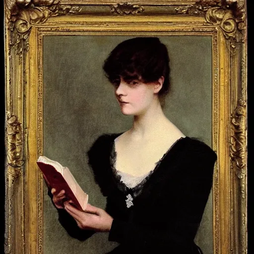 Image similar to young victorian lady in ball gown, absent - minded, holding a book, painted by alfred stevens