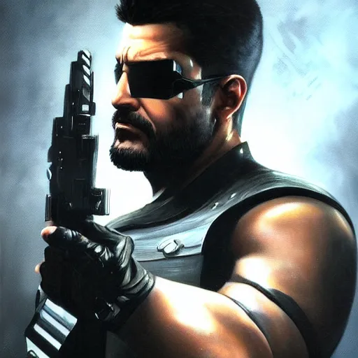 Image similar to ultra realistic portrait painting of adam jensen from deus ex, art by frank frazetta, 4 k, ultra realistic, highly detailed, epic lighting