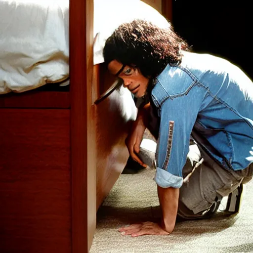 Image similar to michael jackson hidding under a bed