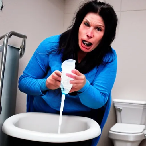 Image similar to photo of crazy cat woman at psych ward drinking water out of a toilet