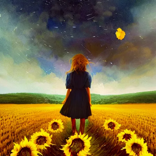 Prompt: huge sunflower head, girl walking in wheat field, hills, surreal photography, dark night, star trails, dramatic light, impressionist painting, clouds, digital painting, artstation, simon stalenhag