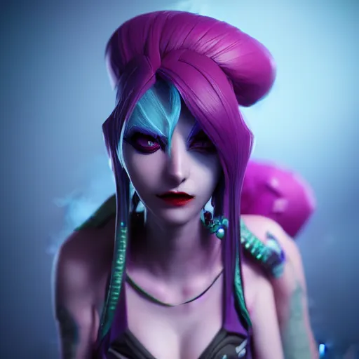 Prompt: Portrait of jinx from league of legends, anger, mystery, fear, highly detailed, beautiful, ominous vibe, smoke, octane render, cgsociety, artstation, trending on ArtStation, by Marie Magny