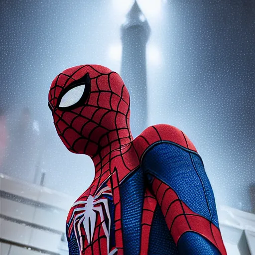 Image similar to black tech suit spider - man blue eyes hanging in tall tower at night rain ultra realistic high quality 8 k photo realistic highly detailed