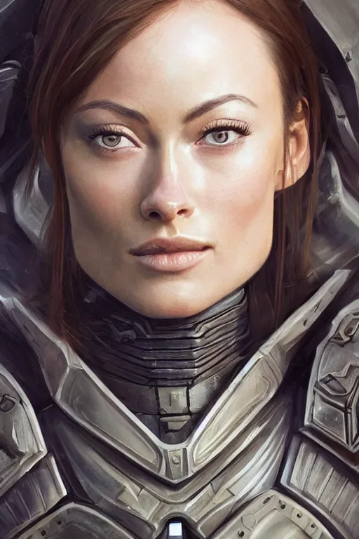 Image similar to a professional painting of a young Olivia Wilde, clothes in military armor, olive skin, long dark hair, beautiful bone structure, symmetrical facial features, intricate, elegant, digital painting, concept art, smooth, sharp focus, illustration, from StarCraft by Ruan Jia and Mandy Jurgens and Artgerm and William-Adolphe Bouguerea