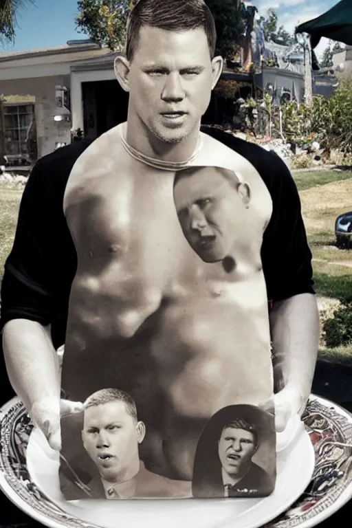 Image similar to a big tater tot on a plate with channing tatum face, channing tatum made out of tater tot, photo