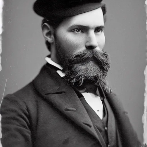 Image similar to A photograph portrait of Jerma985 in the mid-late 1800s with a top hat and beard, taken in the mid-late 1800s, grainy, taken on a Field View Camera, realistic, hyperrealistic, very realistic, highly detailed, very detailed, extremely detailed, detailed, digital art, trending on artstation