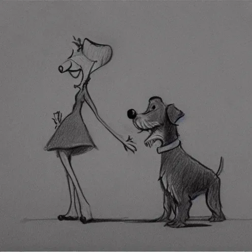 Image similar to milt kahl pencil sketch of happy mini schnauzer cartoon lady and the tramp style