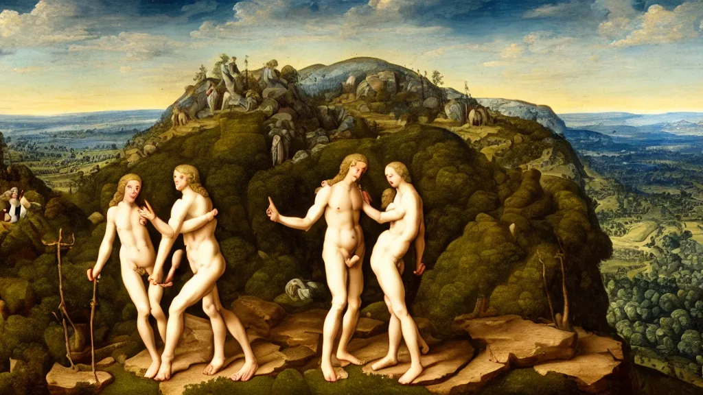 Image similar to Adam and eve going up the mountain, high detail, 8k, ornate, realistic, masterpiece, complex, wide angle, from a film Jodorowskys