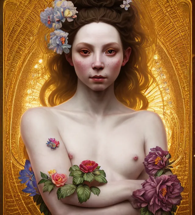 Image similar to baroque portrait of a icelandic princess of porceline skin, full body floral tattoos, cinematic lighting, photorealistic, octane render, 8 k, depth of field, art by artgerm and greg rutkowski and alphonse mucha and uang guangjian