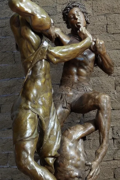 Image similar to a beautiful bronze sculpture of a fighting scene beetwen david and goliath by christophe charbonnel, rust and plaster materials