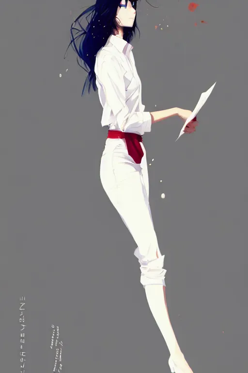 Image similar to a ultradetailed full body portrait of a woman dressed in a white shirt with a tie, by conrad roset, greg rutkowski and makoto shinkai trending on artstation