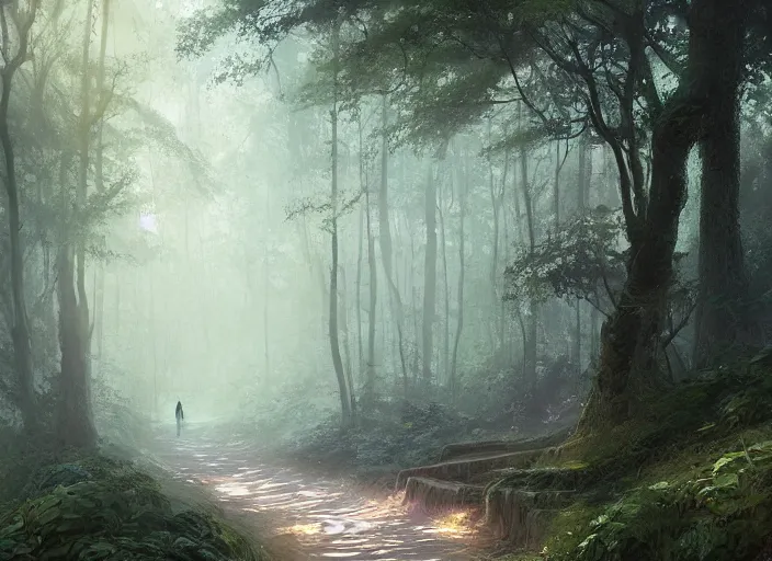 Prompt: a beautiful pathway in a forest, lush trees, a fantasy digital painting by greg rutkowski and james gurney, trending on artstation, highly detailed