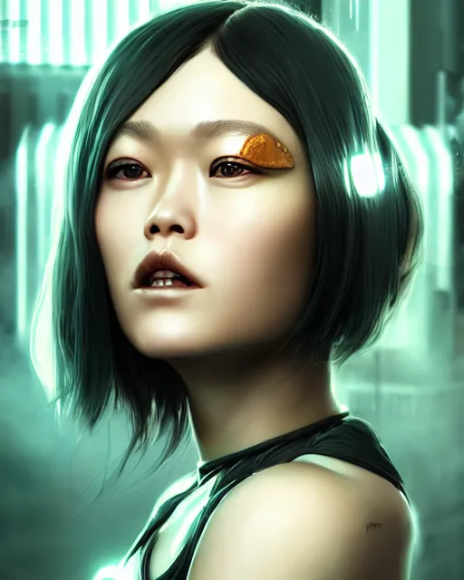 Prompt: detailed portrait Rinko Kikuchi, solarpunk futuristic utopia, scifi android, starry long hair, by Darren Bartley, Wojtek Fus ,Frederic Bennett, Perfect face, fine details, realistic shaded, fine-face, pretty face