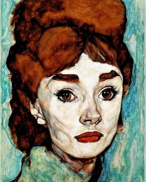 Image similar to portrait of audrey hepburn by egon schiele in the style of greg rutkowski