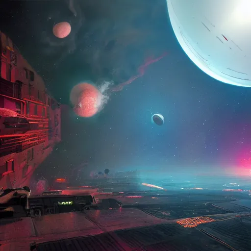 Image similar to a beautiful painting of a grand glistening city on the side of a flying asteroid in open air deep dark space, full subject in view, by john harris, mark rothko, rendered in unreal engine, trending on artstation, epic scale fisheye view, deviantart, cyberpunk, 4 k