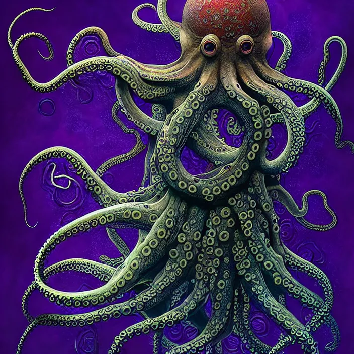 Prompt: depicting an octopus, a submarine with tentacles wrapped around it, in the style of h. p. lovecraft, exuberant organic elegant forms, by karol bak and filip hodas : : 1. 4 purple, red, blue, green, black intricate mandala explosions : : intuit art : : turbulent water backdrop : : damask wallpaper : : atmospheric