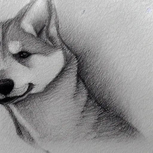 Image similar to pencil sketch of a shiba inu smoking a cigarette, sad expression