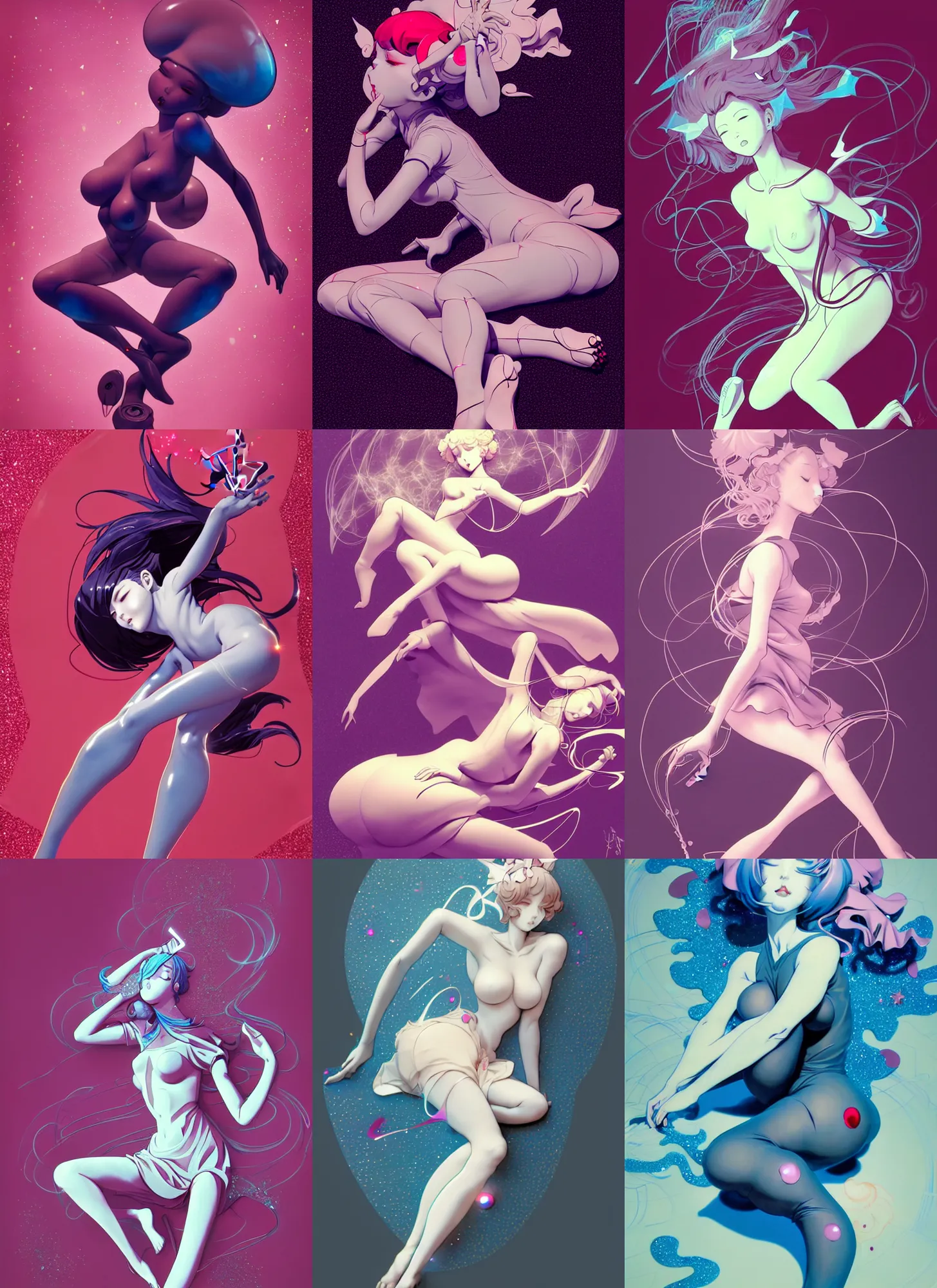Prompt: james jean isolated vinyl figure voluptuous magical girl character design, lying down pose, figure photography, dynamic pose, holographic undertones, motion shapes color design, glitter accents on figure, anime stylized, sharp focus, accurate fictional proportions, high delicate defined details, ethereal lighting