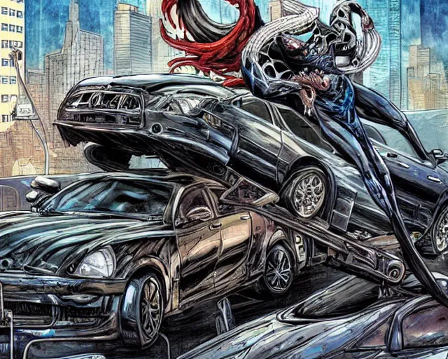 Prompt: Venom standing on top of a wrecked car in the city, open arms art by Gerardo Sandoval, Ultra detailed, hyper realistic,