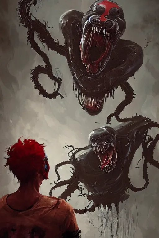 Prompt: a realistic painting of a terrifying venom+pennywise concept art by greg rutkowski, Craig Mullins, Todd McFarlane