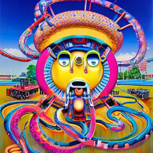 Image similar to beautiful painting of anthropomorphic steam railway engine monster truck snake oil salesman cowboy caveman hydra, neo - andean architecture art by takashi murakami, art by lisa frank, art by jacek yerka, art by victor moscoso. lifelike mechanical eyes. locomotive snake. trending on artstation, hyperrealism, 1 0 k