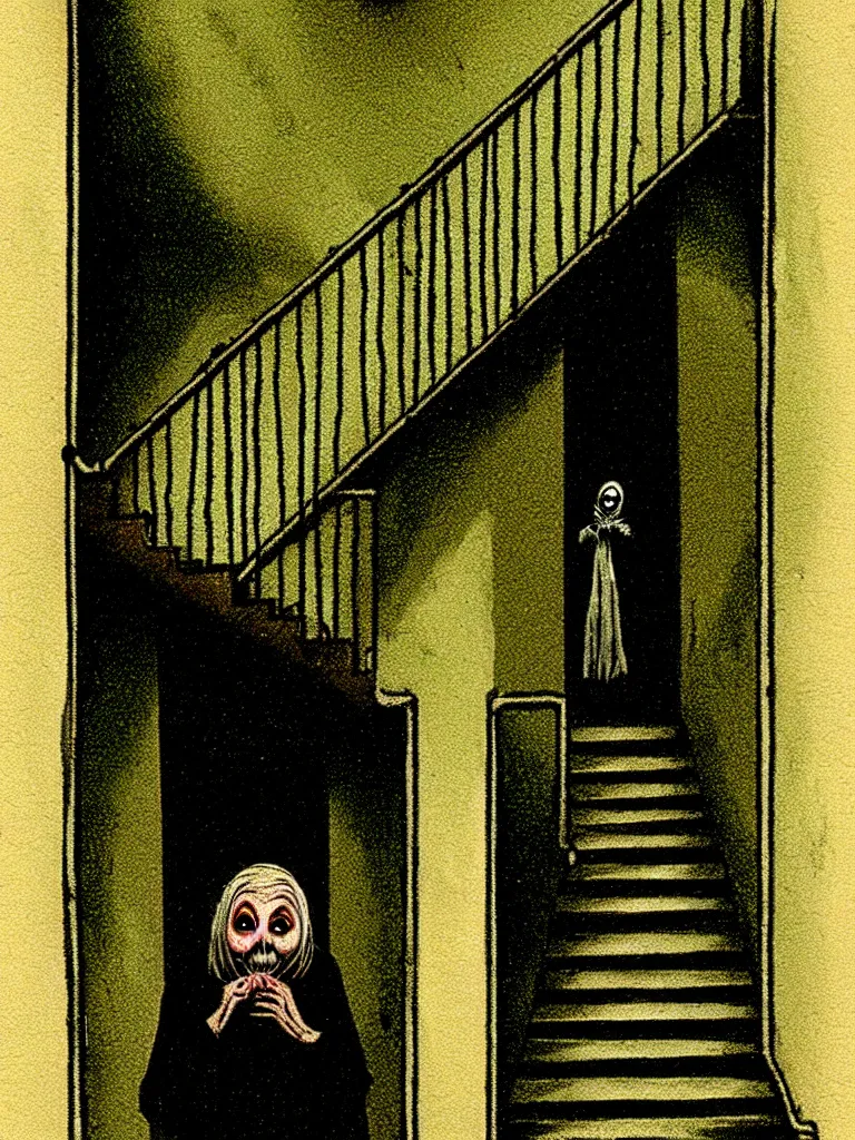 Image similar to Full Color Vintage Horror Illustration of a Scary Old Lady Staring Down a Stairwell at night. Looking downward. Candle light Glowing illumination, Spooky lighting , Pinterest
