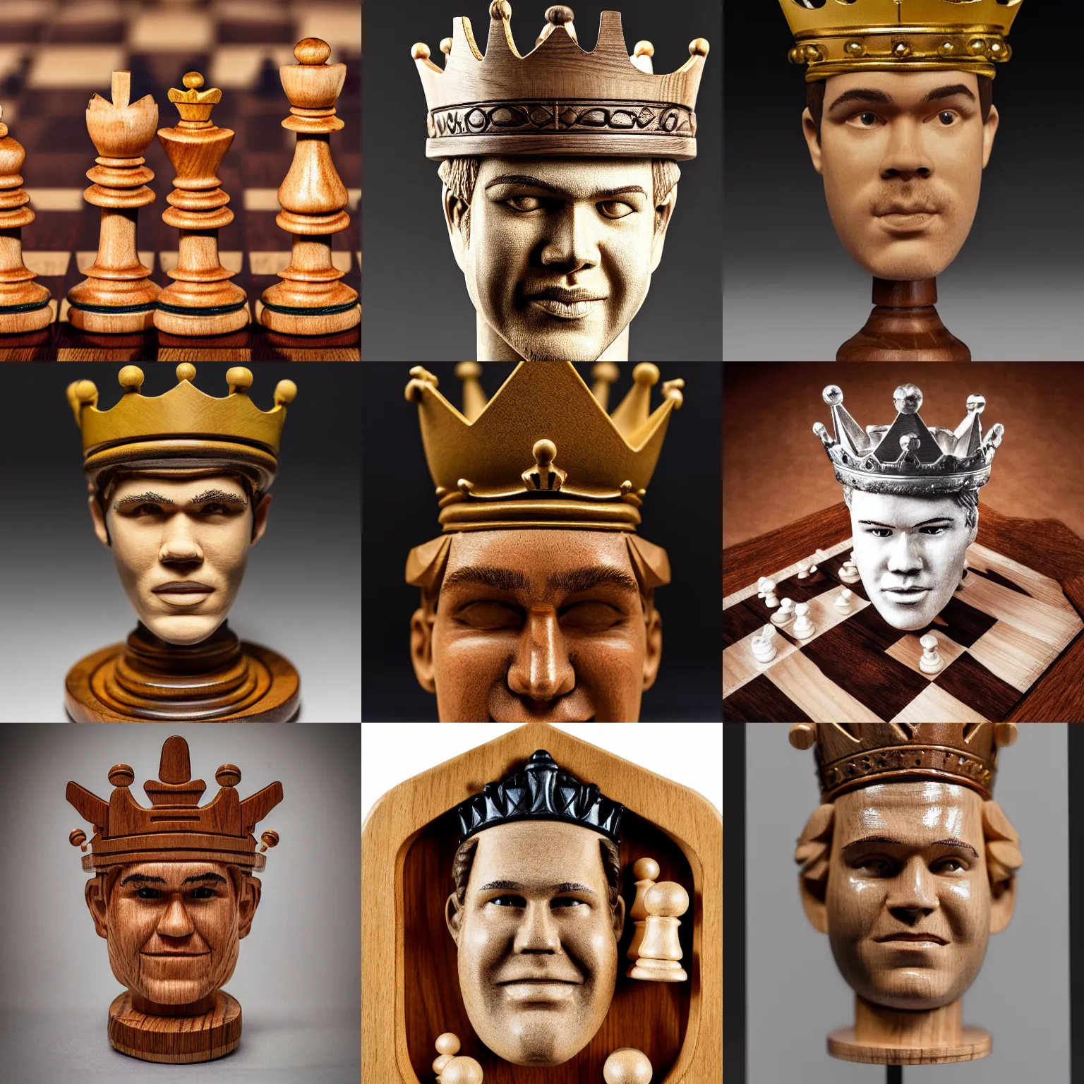 Prompt: product photograph of a chess king piece, made of wood, it has magnus carlsen's face, wearing a crown, on a chess board, full piece, highly detailed, studio lighting