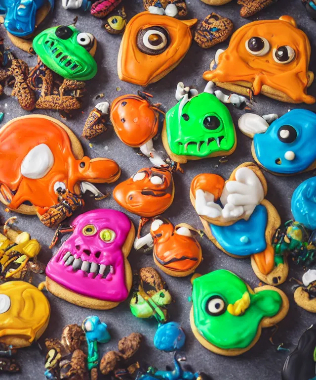 Image similar to high quality presentation photo of colorful anthropomorphic horror alien monster insects eating cookies, photography 4k f1.8 anamorphic bokeh 4k Canon Nikon