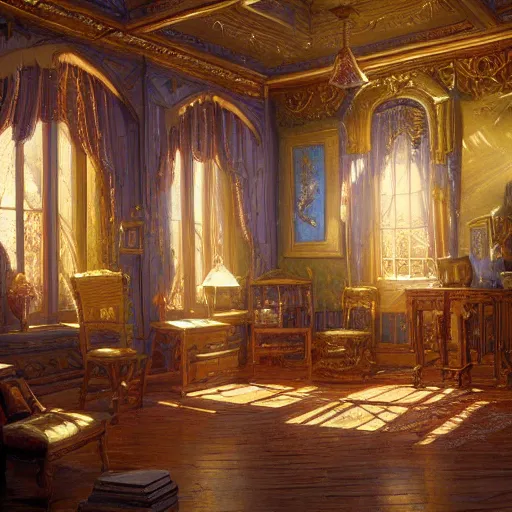 Image similar to detailed painting of an interior room with celestial ephemeral ornaments and thomas kincade architecture, artstation, greg crewdson, cinematic