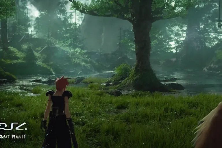 Prompt: game trailer of a final fantasy 7 for playstation by studio ghibli, sharp, final fantasy seven trailer still, steampunk forest, landscape, cinematic lighting, ray tracing, unreal engine 5, photorealistic