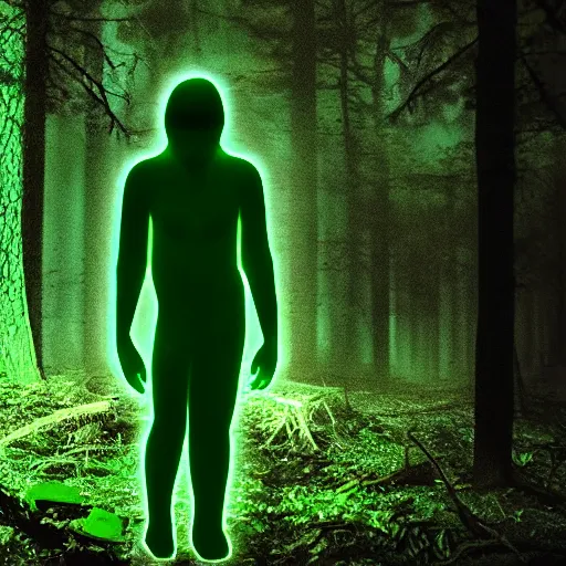 Image similar to film frame of a green glowing humanoid emerging from a dark forest full of dead trees at night, creepy, horror, uncanny, old camera footage, REC sign,