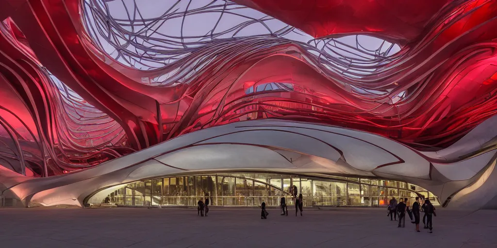 Prompt: extremely detailed ornate stunning sophisticated beautiful elegant futuristic museum exterior by Zaha Hadid, stunning volumetric light, stainless steal, concrete, translucent crimson red material, beautiful sunset, tail lights