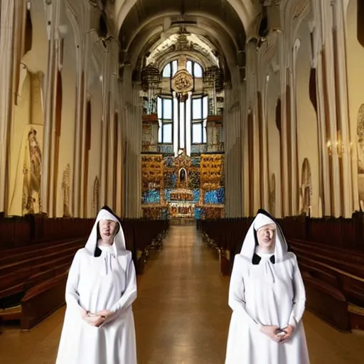 Prompt: award winning photo Aphex twin dresses as nuns,Very long arms, in a sanctuary —width 1024 —height 1024