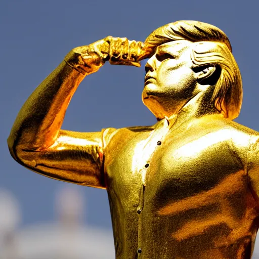 Prompt: a statue of Donald Trump in melting gold metal with drips of molten metal