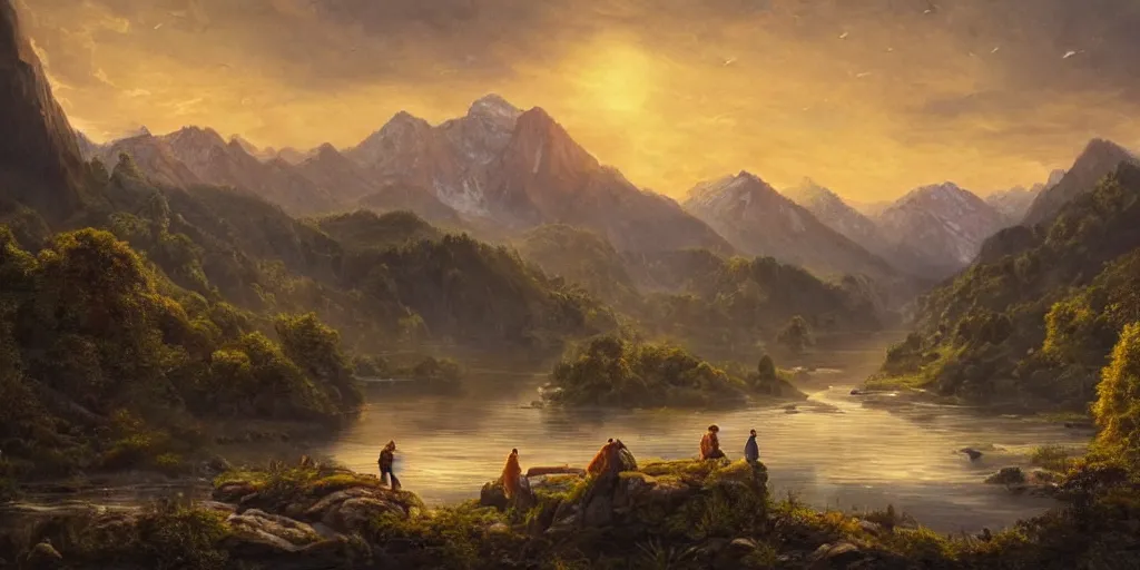 Image similar to A majestic landscape featuring a river, mountains and a forest. A group of birds is flying in the sky. There is an old man with a dog standing next to him. The man is wearing a backpack. They are both staring at the sunset. Cinematic, very beautiful, painting in the style of Lord of the rings