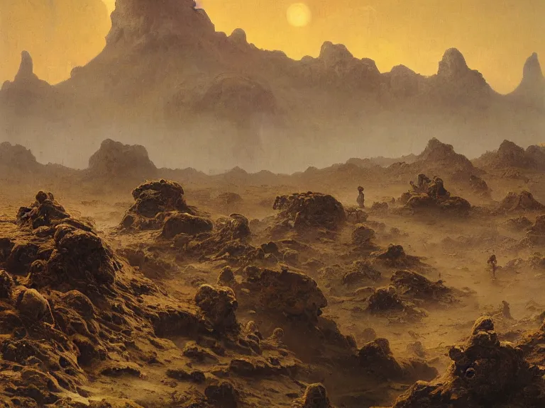 Image similar to an oil painting of a volcanic spring on an alien planet with crators and rocks. on a beautiful morning by beksinski carl spitzweg and tuomas korpi. baroque elements, full-length view. baroque element. intricate artwork by caravaggio. Trending on artstation. 8k