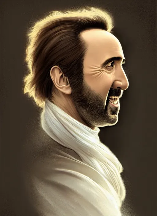 Image similar to symmetry!! portrait of nicolas cage, long hair in the wind, smile, happy, white vest, intricate, elegant, highly detailed, digital painting, artstation, concept art, smooth, sharp focus, illustration, art by artgerm and greg rutkowski and alphonse mucha