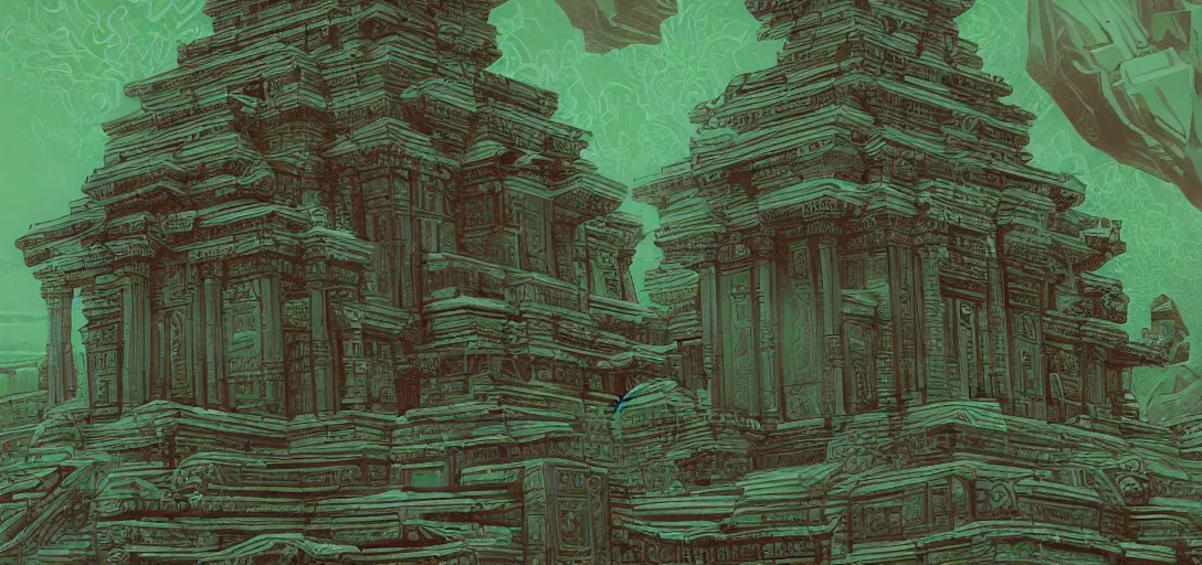 Image similar to extreme long shot of temple with glyphs and on the top of the temple, the graphic style of Patrick Gleason, low key lighting, detailed art, trending on artstation, green tones, dark colors glow