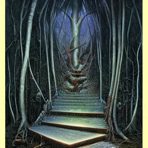 Prompt: dead forest, cosmic portal, stair in the forest by gerald brom