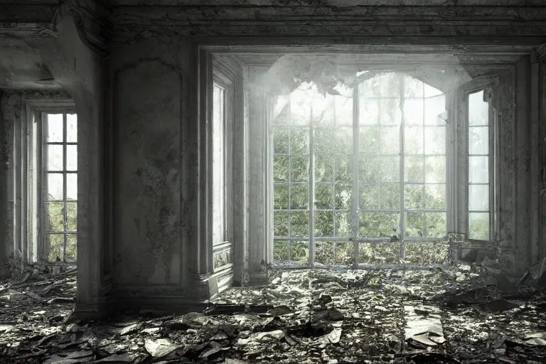Prompt: ruined, abandoned polish mansion, seen from inside. Diffused light falls through the broken windows. Dirt, leaves on ground. Unreal Engine. Substance painter. Zbrush. Trending on artstation. 8K. Highly detailed.