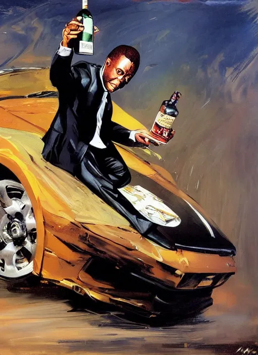 Prompt: mr. moseby drinking whiskey bottle, driving car, reckless, painting by phil hale, fransico goya,'action lines '!!!, graphic style, visible brushstrokes, motion blur, blurry, visible paint texture, crisp hd image