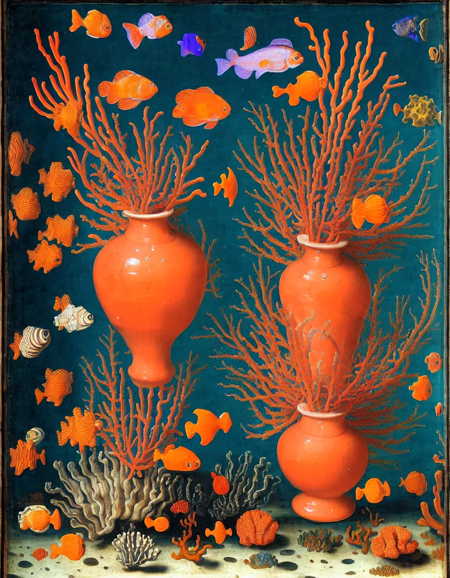 Image similar to bottle vase of coral under the sea decorated with a dense field of stylized scrolls that have opaque outlines enclosing mottled blue washes, with orange shells and purple fishes, ambrosius bosschaert the elder, oil on canvas