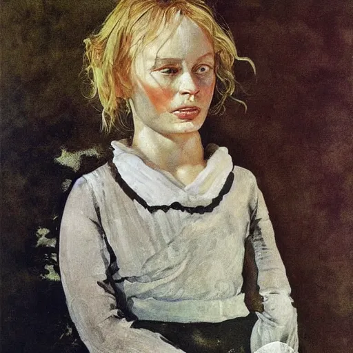 Prompt: discovered portrait painting of helga by andrew wyeth