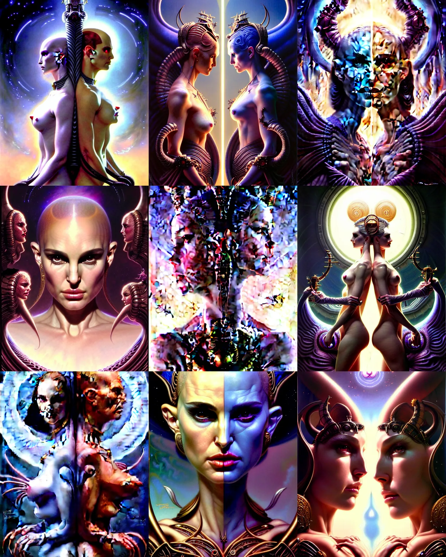 Image similar to beautiful gemini good and evil fantasy character portrait, natalie portman, ultra realistic, wide angle, intricate details, the fifth element artifacts, highly detailed by peter mohrbacher, hajime sorayama, wayne barlowe, boris vallejo, aaron horkey, gaston bussiere, craig mullins