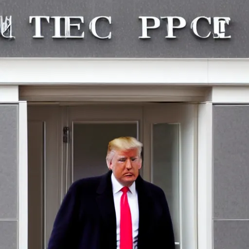 Image similar to Donald Trump entering meeting office of American Psycho, with a white card in his hand