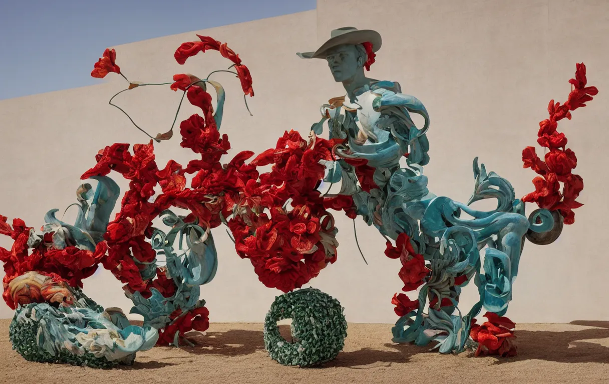 Image similar to a cowboy turning into blooms. tropical sea slugs, tractor tires. complementary colors. national geographic. 8 k, rendered in octane, smooth gradients. sculpture by antonio canova. red accents. by slim aarons, by zhang kechun, by lynda benglis