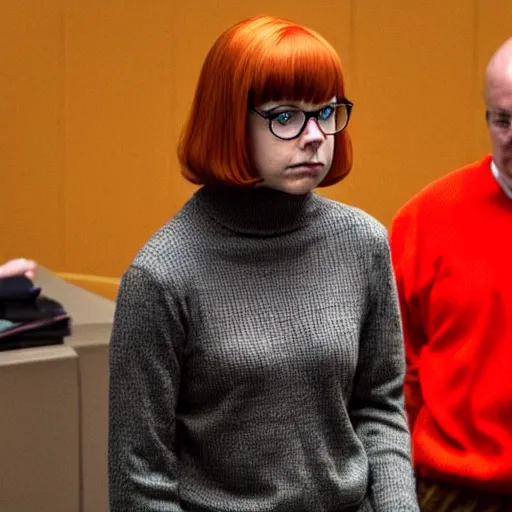 Prompt: Stunning Real Life Scene of Velma Dinkley wearing her iconic orange sweater from Scooby Doo in court for falsely accusing someone of being a criminal by Greg Rutkowski. She has beautiful eyes, Velma is a teenage female, with chin-length auburn hair and freckles. She is somewhat obscured by her fashion choices, wearing a baggy, thick turtlenecked orange sweater, with a red skirt, knee length orange socks and black Mary Jane shoes. Soft render, Pixiv, artstation