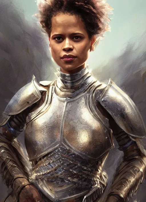 Image similar to portrait of gugu mbatha - raw as a legendary knight warrior, au naturel, hyper detailed, digital art, trending in artstation, cinematic lighting, studio quality, smooth render, unreal engine 5 rendered, octane rendered, art style by klimt and nixeu and ian sprigger and wlop and krenz cushart.